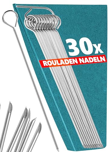 Menz Rouladennadeln, SET - 30 Stück Rouladennadeln Edelstahl rostfrei, 10 cm lange Rouladenspieße mit Grifföse und scharfer Spitze als praktischer Ersatz für Rouladenklammern