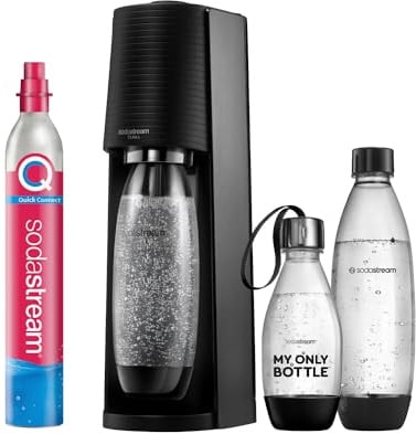 SodaStream Wassersprudler TERRA Vorteilspack mit CO2-Zylinder | inkl. 2x 1L spülmaschinenfeste Kunststoffflasche und 1x 0,5L spülmaschinenfeste Kunststoff-Flasche, Höhe 44cm, Schwarz