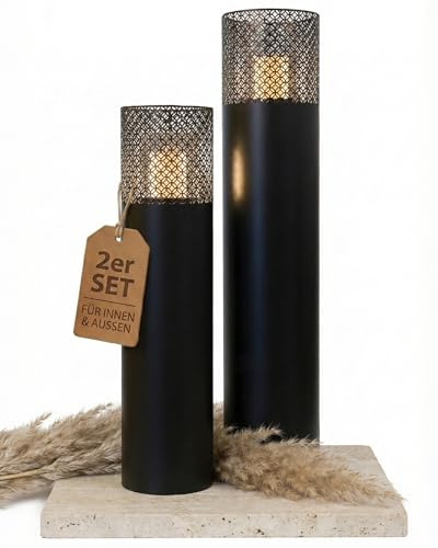 Bentson Windlichtsäule Anthrazit Design I 2er Set I Deko-Säule für Garten im Industrial Design I Garten Windlicht für draußen und drinnen I Laterne inklusive Kerzen I Orientalisch I 95cm + 75cm
