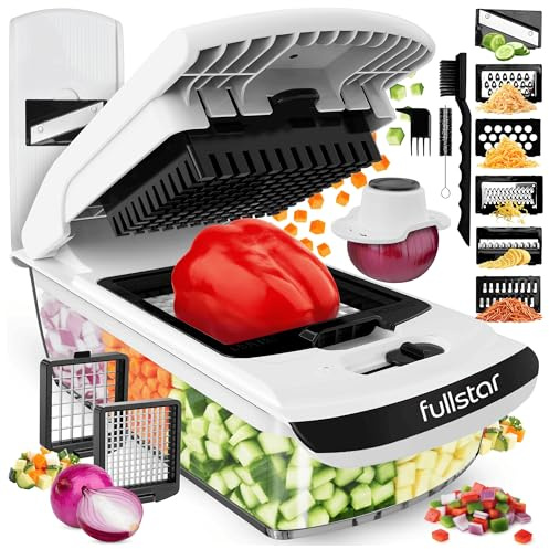 Fullstar Gemüseschneider und Mandoline Gemüsehobel - Julienne- und Würfelschneider für Gurken Zwiebeln Kartoffeln Früchte - Reibe für Gemüse Käse - Küchenzubehör Küchengeräte (8-in-1 PRO Weiß)