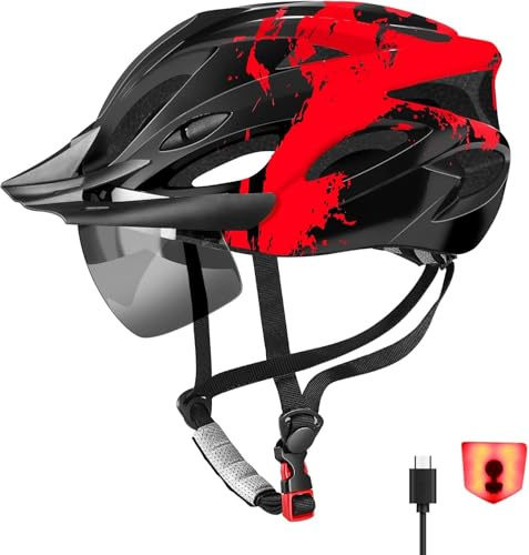 RaMokey Fahrradhelm Erwachsene mit Licht,Radhelm, Cityhelm Urban Fahrradhelm für Herren Damen mit Abnehmbarer Magnetische Schutzbrille Visier, Fahrrad Helm mit 18 Belüftungskanäle57-62cm (Red)