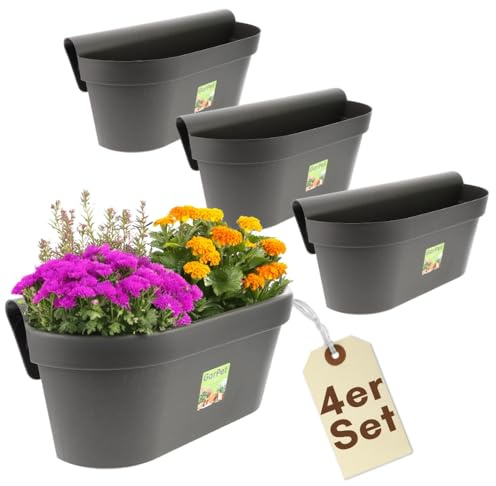 GarPet 4er Set Geländerkasten Balkon mit Wasserspeicher Blumentopf Zaun Blumenkasten Geländer Balkontopf Balkonkasten mit Halterung Balkon Pflanzkasten Anthrazit