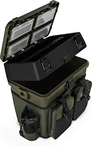 Sitzkiepe Angelbox Angel-Sitzbox Angelrucksack Angeltasche Angelkoffer Angler-Gerätekasten mit 4 Tackle Boxen Oliv ONESIZE
