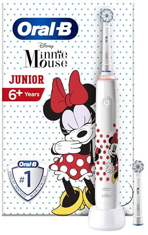 Oral-B Junior Minnie Mouse Elektrische Zahnbürste/Electric Toothbrush, Kinder ab 6 Jahren, 2 Aufsteckbürsten, 360°-Andruckkontrolle, 2 Putzmodi inkl. Sensitiv Zahnpflege, weiche Borsten, Timer, weiß