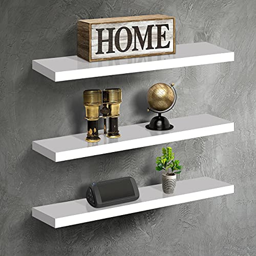 UTOKON Wandregale, weiß, schwebend, 3 Stück, aus Holz, Wandhalterung, Deko-Holzregale für Wohnzimmer, Schlafzimmer, Badezimmer