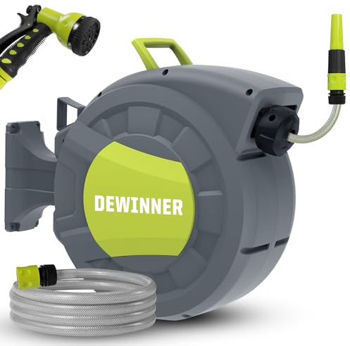 DEWINNER Gartenschlauchtrommel 20 + 2 m, Schlauchaufroller zur Wandmontage, Automatische Schlauchtrommel, 180° Swivel, mit 7 Funktionen Handbrause, Flexible Irrigation for Large Gardens