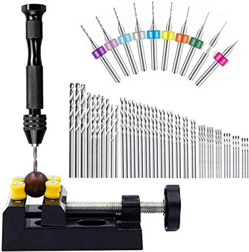 WholeFire 60 Stück Schraubstock-Handbohrer, 0,3–1,2 mm PCB-Mini-Bohrer und 0,5–3,0 Spiralbohrer mit Präzisions-Handstift-Schraubstock, Drehwerkzeuge für Holz, Schmuck, Kunststoff usw