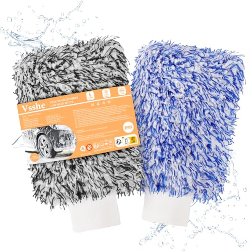 vsshe Auto Waschhandschuh, 2er Microfaser - Handschuh, Coral Fleece Handschuhe für Professionelle Autopflege | 100% Saugstark, Kratzfrei & Achonend | Putzhandschuh für Autowäsche & Fensterreinigung