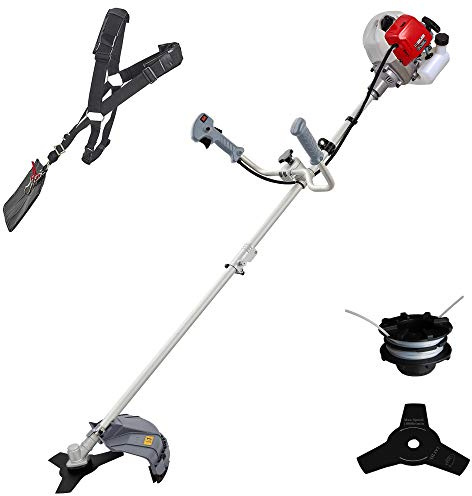 IKRA Benzin Freischneider IBF 43 inkl. Fadenspule, Messer & Schultergurt | 42,7cm³, 1,1 kW, Grasverwicklungsschutz, 2-Takt-Motor, werkzeugloser Luftfilterwechsel, anpassbarer Aluminium Bike-Handgriff