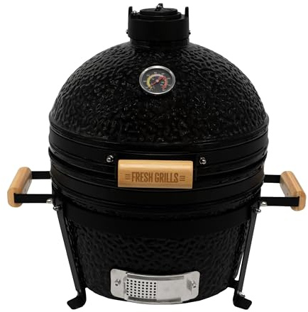 Fresh Grills 40,6cm Kamado Keramikgrill | Schwarz Holzkohlegrill BBQ Mini Ofen | Thermometer, Holzgriff, Oberer & Unterer Luftstrom | Outdoor Garten Grillen Garen Räuchern Smokern