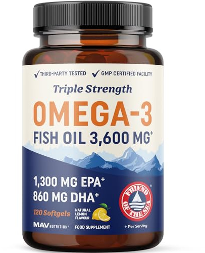 Dreifach Starkes Omega-3 Fischöl 3600 mg | EPA & DHA | Über 2100 mg Omega-3 Fettsäuren | 1300 mg EPA + 860 mg DHA | Essenzielle Fettsäuren | Premium Wildgefangenes & Aufstoßfreies Fischöl | 120 Ct