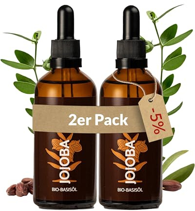 Heldengrün® BIO Jojobaöl [100% NATURREIN] Dermatologisch getestet - Sanftes Gesichtsöl - Jojobaöl Haare - Kaltgepresst & unraffiniert - Pflegt & reguliert Gesicht, Haut, Haare & Nägel - 2 x 100 ml