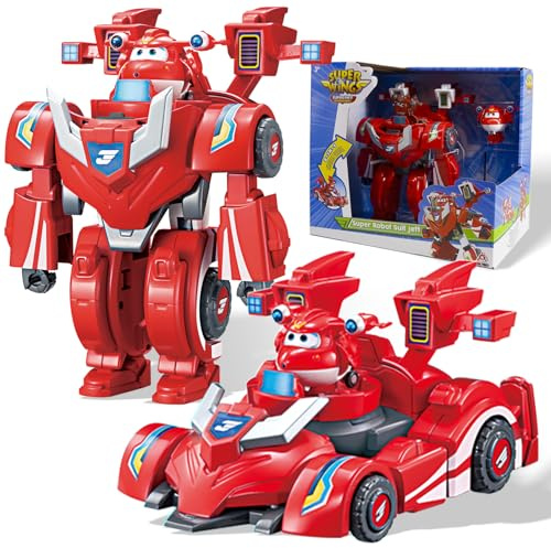 Super Wings 2-in-1 Verwandelbares Roboter Spielzeug Jett, ca. 18 cm große Verwandlungsroboter und Auto, verwandelbare Spiel-Figur, für Kinder ab 3 Jahren, Rot