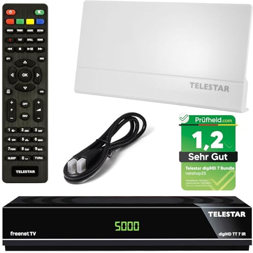 Telestar DVB-T2 Receiver + 3 Monate Freenet GRATIS + DVB-T Zimmerantenne +45 dbi + HDMI Kabel, HDTV, HD USB Mediaplayer, HDMI (Hybrid Receiver für DVB-T2 und Kabel TV) netshop 25 Bundle Set