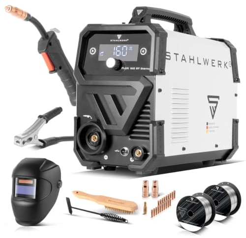 STAHLWERK Schweißgerät FLUX 160 ST Digital Vollausstattung 3-in-1 mit 160 A | Fülldrahtschweißen ohne Schutzgas, MMA (E-Hand/ARC), Lift-TIG (DC), synergischer Drahtvorschub, LED-Licht