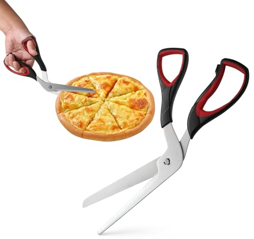 FHISKUNYU Pizzaschere 27 cm – Scharfer Pizza Cutter aus Edelstahl, Pizza Zubehör mit Softgriff, Multifunktionale Küchenschere，Pizzaschneider spülmaschinenfest, Schwarz/Rot