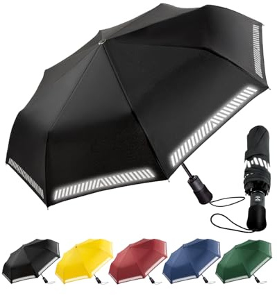 Chakipee Regenschirm Sturmfest Taschenschirm mit Reflexstreifen Schwarz Umbrella Kompakter Reise Winddichter Automatik Auf und Zu Doppelt Belüftetes Vordach 8 Rippen für Herren Damen Kinder