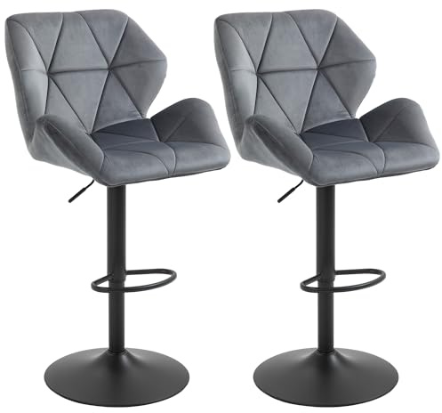 HOMCOM Barhocker 2er Set, Gepolstert Barstuhl mit Metallgestell, Lehne, Samtoptik, Höhenverstellbar Küchenstühle mit Fußstütze 360° Drehbar Tresenhocker für Küche, Wohnzimmer, Esszimmer Grau