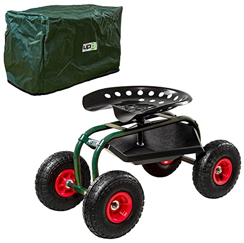 UPP Rollsitz Outdoor Deluxe - mit Schutzhülle | Gartenhocker,Gartensitz aus Stahl - breite Gummireifen, verstellbare Sitzhöhe & Stauraum für Garten-Werkzeuge,Gartenhelfer | Belastung max.150 kg | grün
