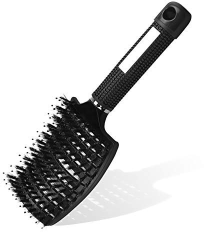 URAQT Haarbürste ohne Ziepen, Profi Entwirrungsbürste mit Griff, Wildschweinborsten Haarstyling Bürste für Lange Feine Dicke Lockige Haare, Schwarz