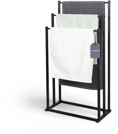 Allyson® Handtuchständer freistehend mit 3 Stangen – Schwarzer Handtuchhalter aus Metall ohne Bohren, Platzsparender Badetuchhalter Stehend für Badezimmer & Wohnung (Maße: 45 × 84 × 21 cm)
