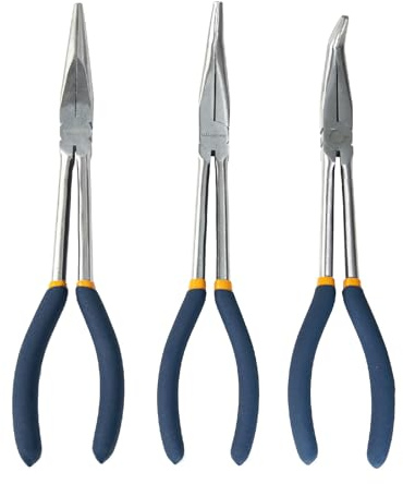 MANUFORE 280mm Langnasenzangen Set (Spitzzangen, 3-teilig) – Gerade, 45°, 90° gebogen – für Elektro, Feinmechanik, Werkstatt