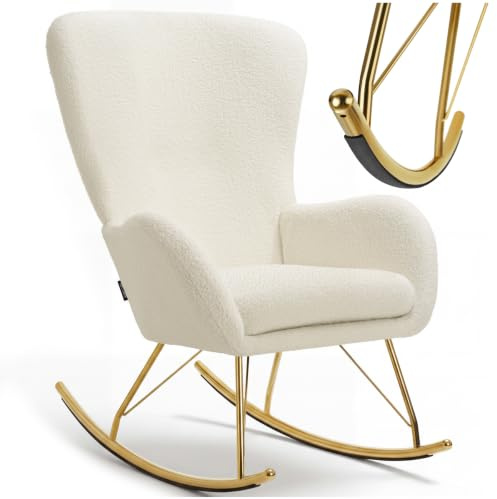tectake® Schaukelstuhl, Sessel Wohnzimmer, Relaxsessel, Ohrensessel, Wohnzimmer Möbel, Rocking Chair für Babyzimmer, als Lesesessel im Schlafzimmer oder Stillsessel, Bouclé Creme/Gold