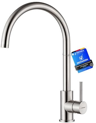 GRIFEMA G4008 Kitchen Sink Taps Mixer with Single Lever High Arc 360°Swivel, Stainless Steel Kitchen Mixer Taps 1 hole with Chrome Finish, Classic Design[Energy Class A+]