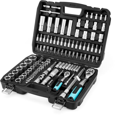 DURATECH Steckschlüsselsatz 108-teilig, Ratschenkasten Knarrenkasten Steckschlüssel Set mit 1/2” und 1/4” Umschaltknarre, Verlängerungen, Bits, Stecknüsse, Chrom-Vanadium-Stahl, inkl. Koffer