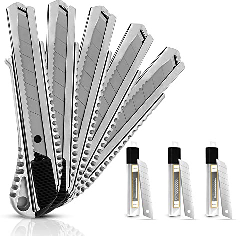 SANAWATEC 5x Cuttermesser 18mm + 30x SK5 Abbrechklingen, Teppichmesser profi, Cuttermesser Profi aus Aluminium, mit Gummigriff, Robust und Ultrascharf, für Heimwerk & Gewerbe
