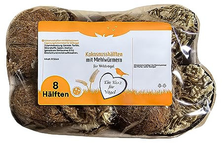 Blumixx Vogelfutter Kokosnusshälften mit Mehlwürmern – Proteinreiches Wildvogelfutter, Ganzjahresfutter zum Aufhängen, geeignet für Vögel & Eichhörnchen, 8 Stück