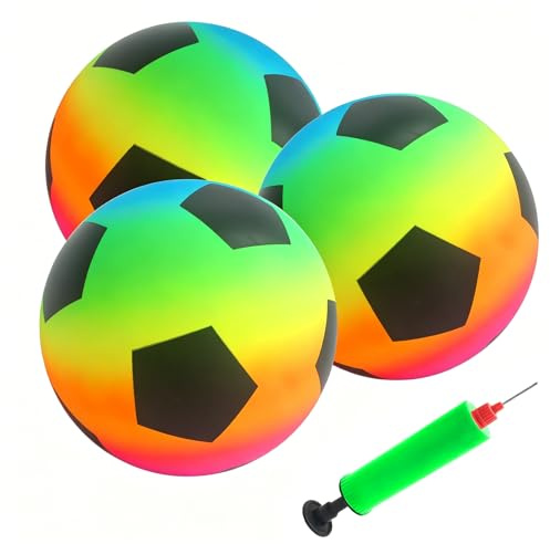 SHENSAIGO 3 Stück Regenbogen Ball Kinder, PVC Fussball Kinder und Erwachsene, Aufblasbaren Bälle mit Pumpe, 22cm Kinderball Regenbogenball Wasserball, Fußball für Innen und Außen Spielball Kinders