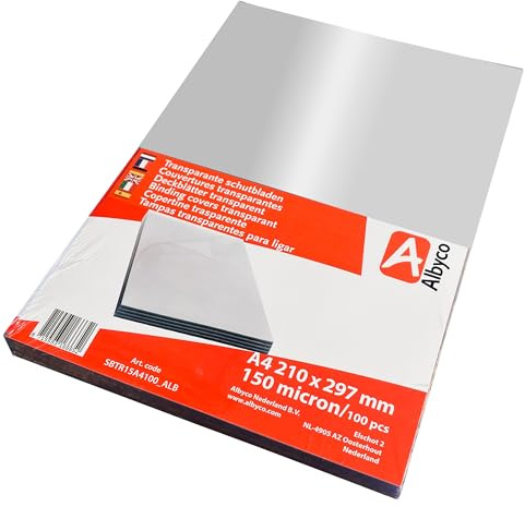 Albyco Klarsicht Einbanddeckel, Deckblatt, PVC Deckblätter, Klarsichtfolie - Transparent PVC, Format DIN A4, 210 x 297 mm, 0,15 mm/150 micron, Glänzend, pro 100 Stück