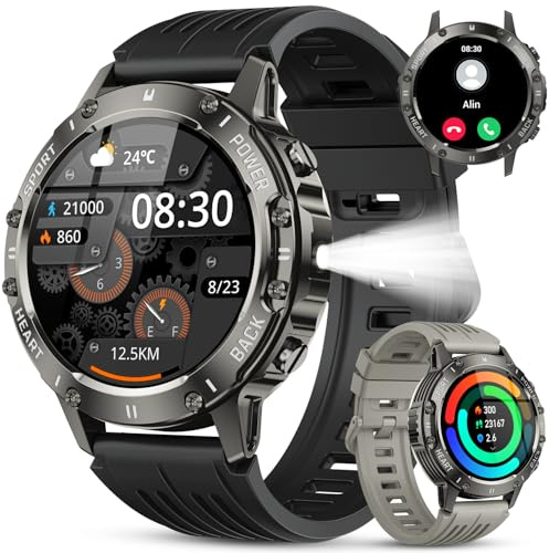 Militär Smartwatch Herren Fitnessuhr mit Telefonfunktion: Wasserdicht Fitness tracker uhr Armbanduhr Bluetooth Anruf Smart Watch mit Herzfrequenz Schlafmonitor Schrittzähler Sportuhr Uhren Android iOS