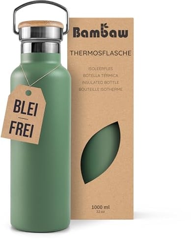 Bambaw Isolierte Trinkflasche 1l, Edelstahl Trinkflasche 1l, Fahrradflasche Edelstahl, Schlankes Design, Robust, Mit Breiter Öffnung, Leicht zu Reinigen (Salbeigrün)