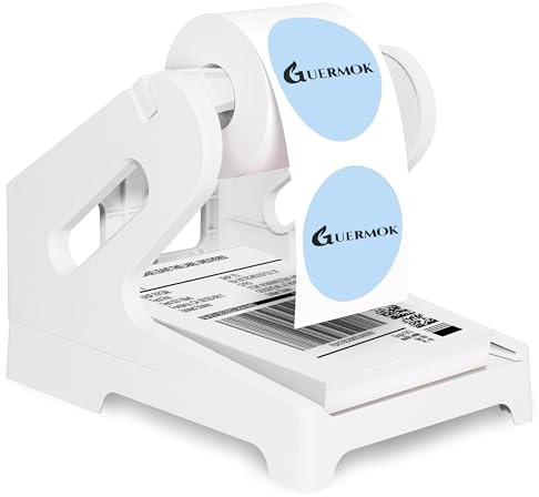 Guermok Thermo Etikettenhalter für Rollen und Leporello Etiketten Drucker | Druckerständer und Aufkleberspender mit Fragile-Aufklebern für Versand, Lager, Heimbüro, Einzelhandel & Kleinunternehmen Weiß