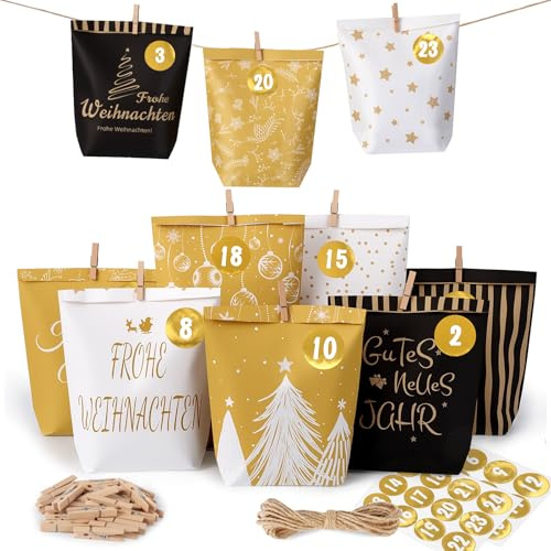 Adventskalender zum Befüllen, 24 Papier Adventskalender Tüten | Adventskalendertüten zum Befüllen | Weihnachtskalender mit Zahlenaufkleber und Clips