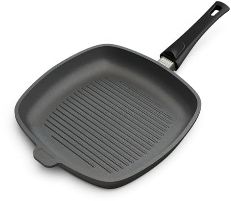 Hoffmann Grillpfanne Induktionsherd mit Deckel 28 x 28 cm I Made in Germany I Backofengeeignet bis 250 Grad I scharf anbraten leicht gemacht I 100% Verzugsfreier Boden