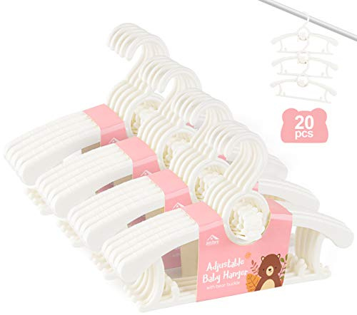 Anstore 20 Stück Mitwachsende Kinderkleiderbügel Platzsparend mit Stapelbaren Bärchen-Haken rutschfeste Kleiderbügel für Babys und Kleinkinder, Weiß