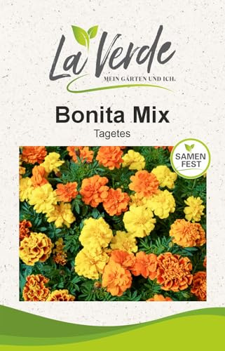 La Verde MEIN GARTEN UND ICH. Tagetes Bonita Mix Blumensamen für ca. 100 Pflanzen, Studentenblume lang blühend, gefüllte Blüten, Saatgut ohne Gentechnik