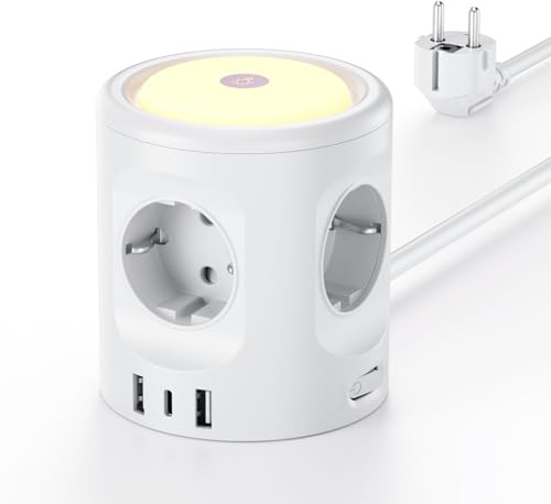 7 in 1 Steckdosenwürfel mit 3 USB,3680W Mehrfachsteckdose Mit Schalter, 4 Fach Steckdosenleiste mit Licht, Mehrfachstecker Überspannungsschutz USB Stecker Würfel Verlängerungskabel 2M für Büro,Weiß