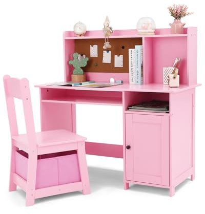 JOYLDIAS Kinderschreibtisch mit Stuhl, Schreibtisch Kinder aus Holzwerkstoff mit Regal, Schublade und Stauraum, Kinderlerntisch für Kinderzimmer, Schulanfang und Hausaufgaben, Rosa