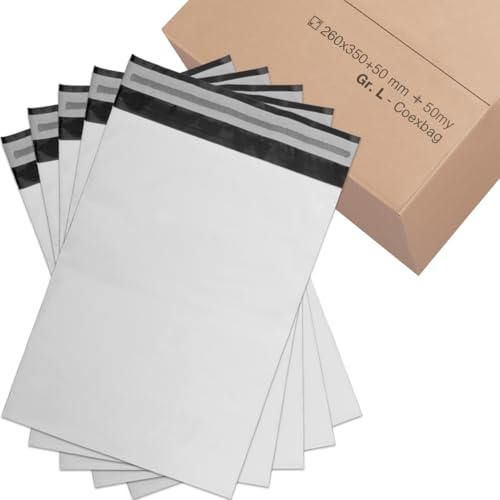 verpacking Versandbeutel 260x350 mm Weiß/Schwarz [Größe und Stückzahl wählbar] Blickdicht Coex Versandtaschen für Kleidung selbstklebend Verpackungstüten Folienversandtaschen 100 Stück