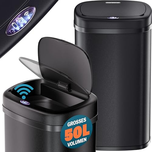 Monzana Sensor Mülleimer Küche Schwarz | 50 L, Smarter Abfalleimer, mit Sensor, Berührungslos, Recycling, Edelstahl, inkl. USB-Kabel, Geschütztes Batteriefach