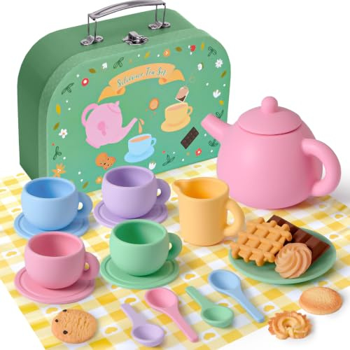 G.C Silikon Teeservice Kinder Spielzeug Kinderküche Zubehör | mit Teekanne, Tassen, Teller, Löffel, Süßen Desserts, Teeparty Rollenspiele, Geschenke für Mädchen Jungen 3 4 5 6 7+ Jahre