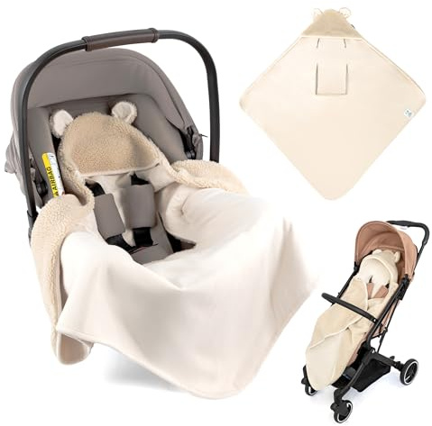 Zamboo Baby Einschlagdecke Fluffy Fleece - Kuschelige Babydecke mit Öhrchen & Gurtschlitzen | Oeko-TEX Zertifiziert, 80x80 cm - ideal für Babyschale, Autositz, Buggy und Kinderwagen | Beige