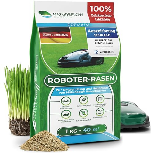 Roboter Rasensamen Schnellkeimend 1kg Sommer – TEST SEHR GUT - Selbstdüngend Roboter Rasensaat für ALLE Mähroboter - 100% Keimgarantie - Nachsaat Grassamen von NATUREFLOW Made in Germany