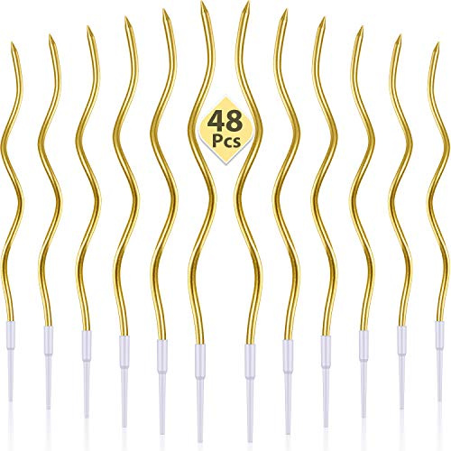 BBTO 48 Stück Gebogen Geburtstag Kerzen mit Halter, Metallisches Gold | Spiralförmiges Design, Lang, Dünn, Lockig, Für Kuchen und Cupcakes, Perfekt für Hochzeit und Party Dekoration