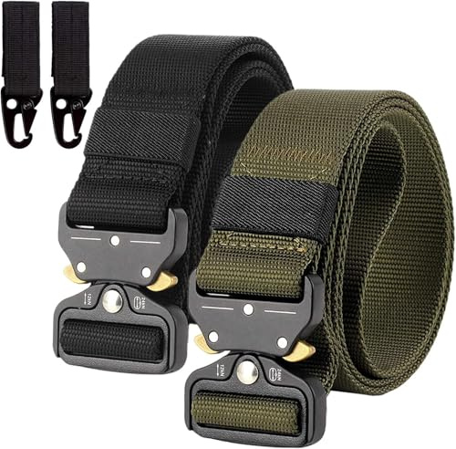 2er Unisex Gürtel Nylon Canvas Belt, Schnellverschluss Military Style Shooters Nylon Gürtel mit Metallschnalle, Armee-Grün + Schwarz, Einheitsgröße
