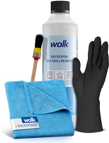 wolk Backofenreiniger & Grillreiniger Set 500 ml, Extra starkes Reinigergel gegen eingebranntes Fett, Backofenspray für Backofen, Grill, Backblech, Pfannen & Töpfe, inkl. Pinsel, Tuch & Handschuhe